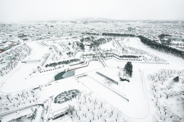 Schöne Landschaft und Stadtbild vom Fort Goryokaku-Turm in Hakodate-Stadt Hokkaido