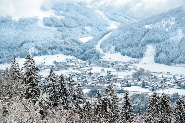 Schöne Luftaufnahme von bewaldeten Bergen, die tagsüber mit Schnee bedeckt sind