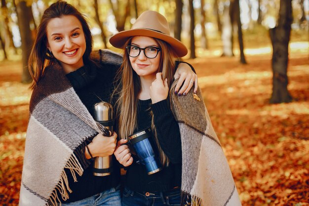 Schöne Mädchen haben Spaß in einem Herbstpark