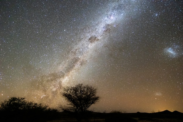 Kostenloses Foto schöne nachtlandschaftsansicht der milchstraße und des galaktischen kerns über etosha national park camping, namibia