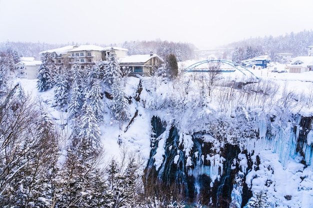 Schöne Naturlandschaft im Freien mit shirahige Wasserfall und Brücke in der Schneewintersaison