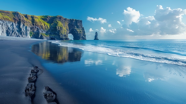 Kostenloses Foto schöne naturlandschaft mit schwarzem sandstrand und meer