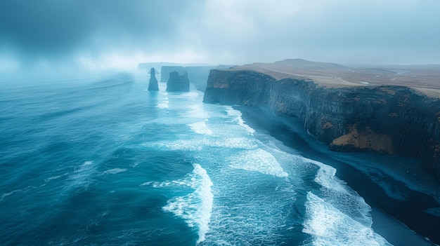 Kostenloses Foto schöne naturlandschaft mit schwarzem sandstrand und meer