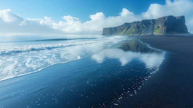 Kostenloses Foto schöne naturlandschaft mit schwarzem sandstrand und meer