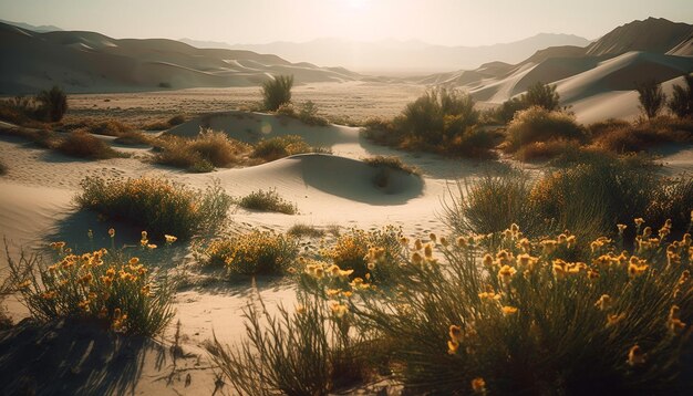 Kostenloses Foto schöne naturlandschaft mit sonnenuntergang im sommer sanddünen berggras wasser sonnenlicht erzeugt durch künstliche intelligenz