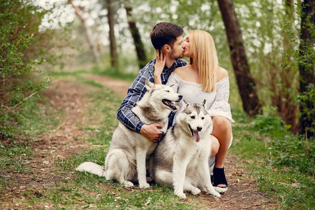 Schöne paare in einem sommerwald mit hunde