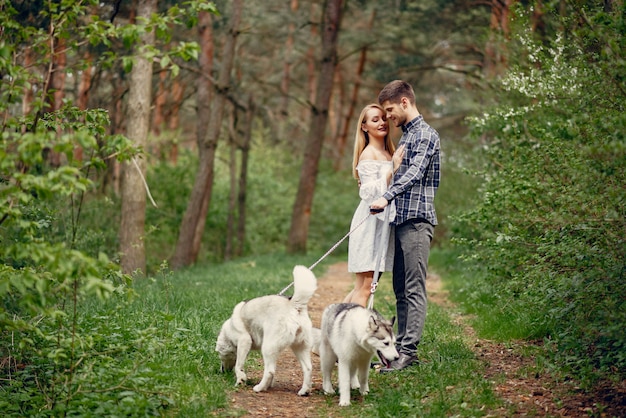 Schöne Paare in einem Sommerwald mit Hunde