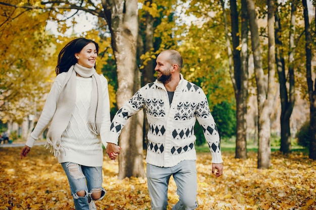 Schöne Paare verbringen Zeit in einem Herbstpark