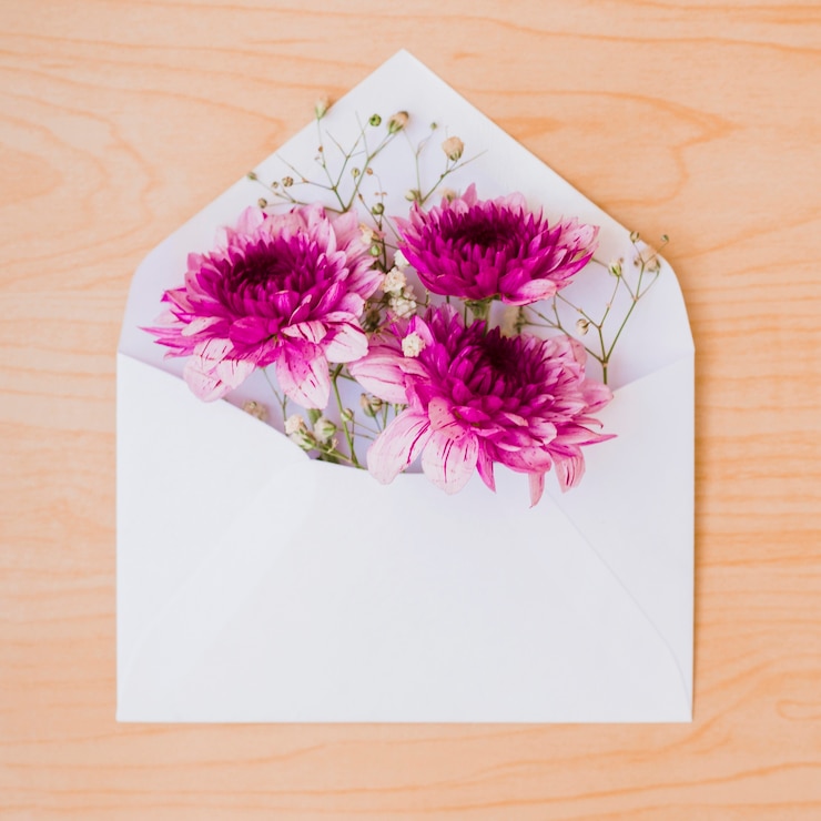Kostenlose Foto schöne rosa blumen innerhalb des weißen umschlags auf hölzernem hintergrund