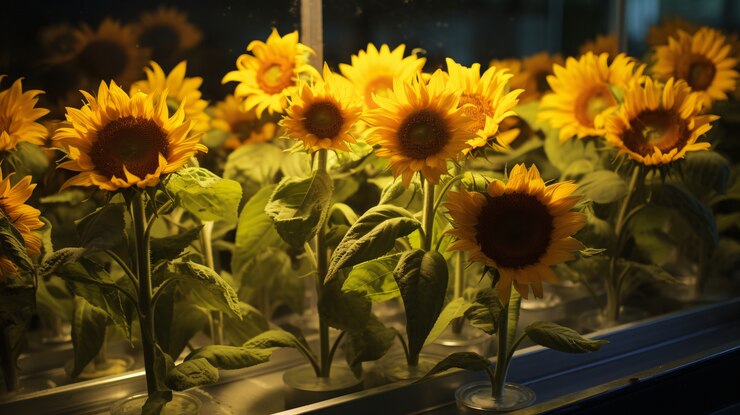 Schöne Sonnenblumen in Töpfen