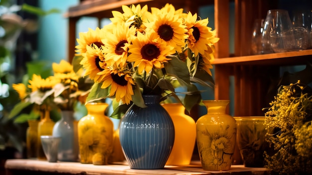 Kostenloses Foto schöne sonnenblumen in vase drinnen