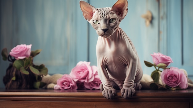 Schöne Sphynx-Katze mit Rosen