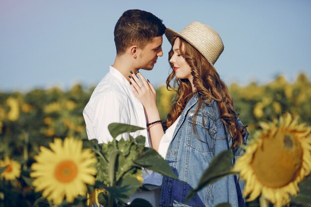 Schöne und stilvolle Paare auf einem Gebiet mit Sonnenblumen