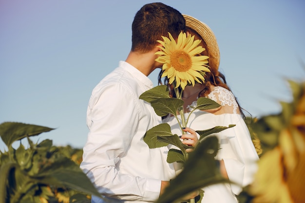 Schöne und stilvolle Paare auf einem Gebiet mit Sonnenblumen