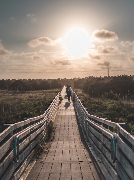 Kostenloses Foto schöne vertikale symmetrische aufnahme einer holzbrücke, die zum strand führt, genommen zur goldenen stunde