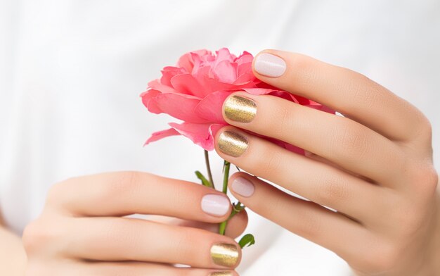 Schöne weibliche Hände mit perfektem goldenen und rosa Nageldesign halten frische Rosenblume