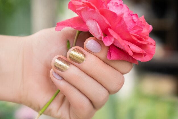 Schöne weibliche Hand mit perfektem goldenen und rosa Nageldesign halten frische Rosenblume