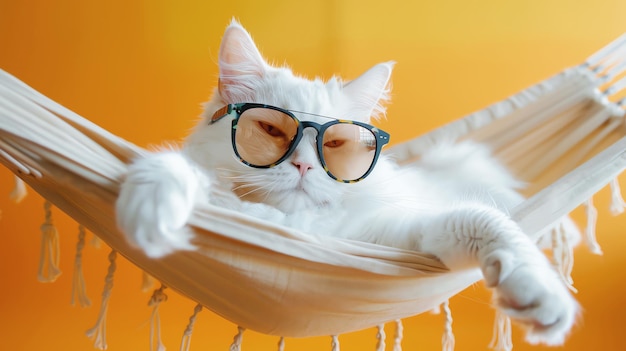 Schöne weiße Katze mit Sonnenbrille und Hemd liegt auf einer Hängematte, die von KI erzeugt wurde.