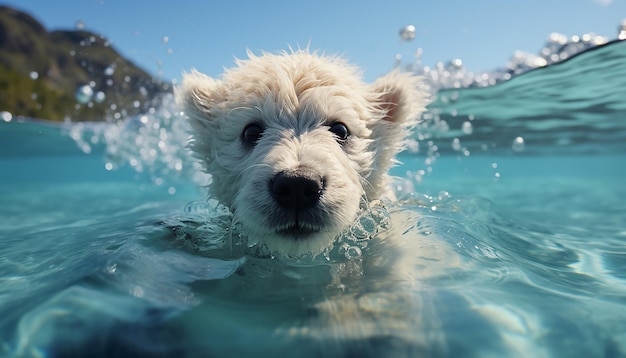 Kostenloses Foto schöne welpe, die im blauen pool schwimmt, reine freude und glück, erzeugt von ki