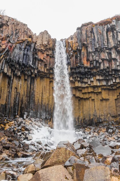 Schöner berühmter Wasserfall in Island, Wintersaison.
