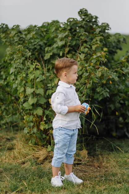 Schöner Junge, der mit Blasen am sonnigen Tag im Garten spielt.