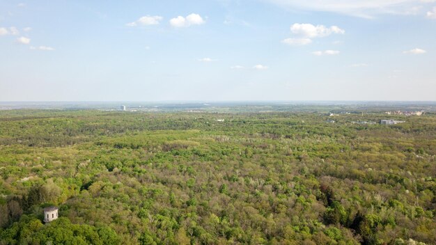 Schöner Panoramablick auf einen grünen Frühlingswald und die Stadt in der Ferne vor blauem Himmelshintergrund Foto von der Drohne