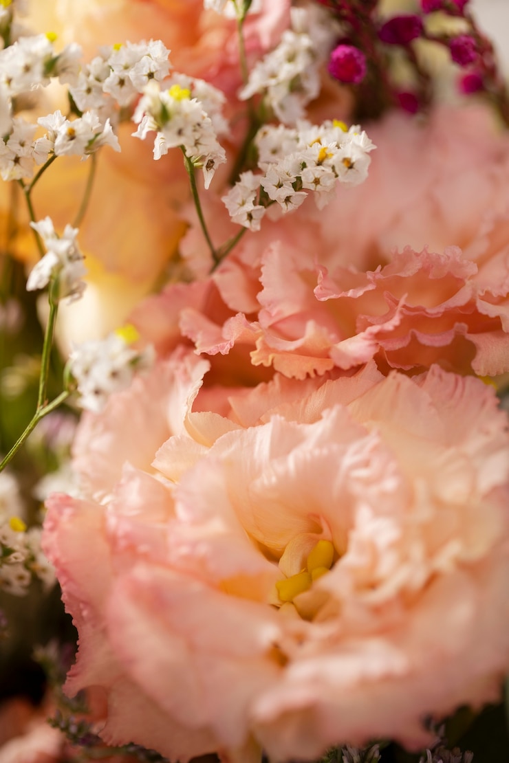 Kostenlose Foto schöner rosa undeutlicher blumenhoher winkel