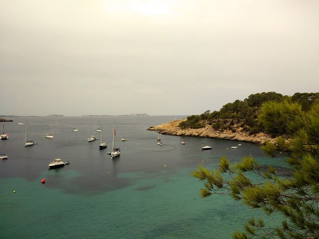 Schöner Schuss der Küste von Ibiza mit mehreren Booten im Wasser