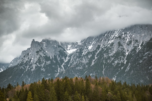 Schöner Schuss eines hohen Berges bedeckt mit dicken weißen Wolken