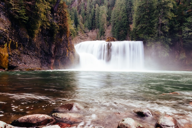 Schöner Schuss eines schönen großen breiten Wasserfalls in einem Wald, der durch Grün umgeben wird