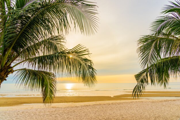 Schöner Seeozeanstrand mit Palme zur Sonnenaufgangzeit für Feiertag