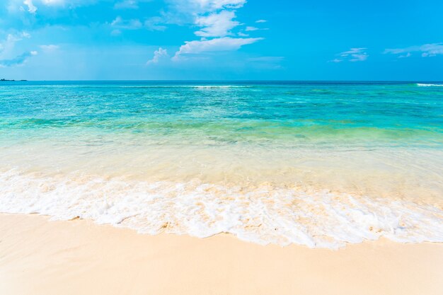 Schöner tropischer leerer Strandmeeresozean mit weißer Wolke auf blauem Himmelhintergrund