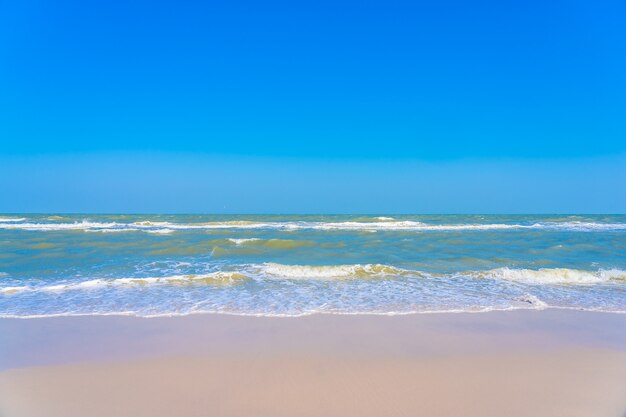 Schöner tropischer Strandmeeresozean mit Palme auf blauem Himmel