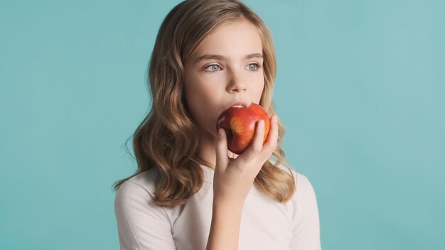 Schönes blondes Teenager-Mädchen mit welligem Haar, das köstlichen Apfel isst, der auf buntem Hintergrund isoliert ist Zeit für einen Snack