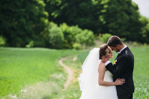 Schönes Hochzeitspaar geht auf der grünen Wiese