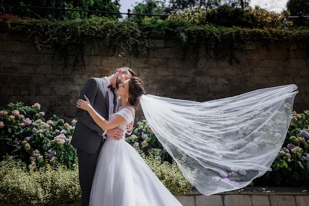 Schönes Hochzeitspaar küsst im Garten voller zarter Blumen am sonnigen Tag