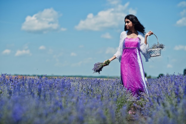 Schönes indisches Mädchen tragen Saree Indien traditionelles Kleid in lila Lavendelfeld