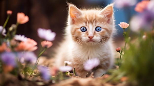 Schönes Kätzchen mit Blumen im Freien