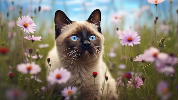 Schönes Kätzchen mit Blumen im Freien
