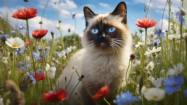 Schönes Kätzchen mit Blumen im Freien