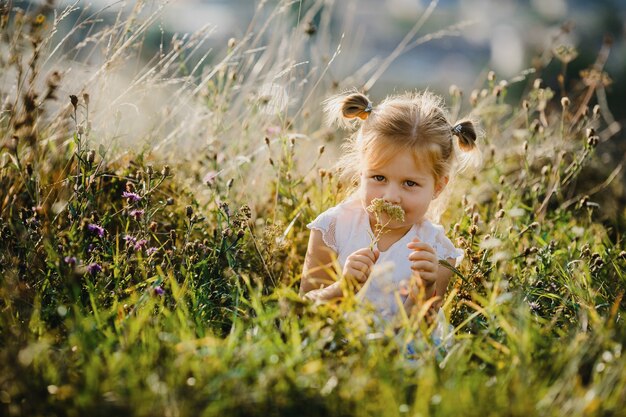 Schönes kleines Mädchen im weißen Hemd und in den Jeans sitzt auf dem Rasen mit großer Landschaft