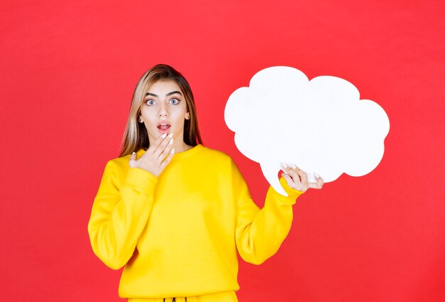 Schönes Mädchen im gelben Outfit mit Papierwolken-Sprachwolke