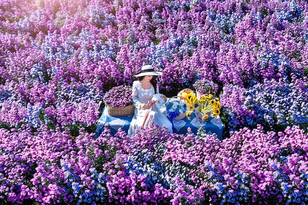 Schönes Mädchen im weißen Kleid, das in Margaret Blumenfeldern, Chiang Mai sitzt