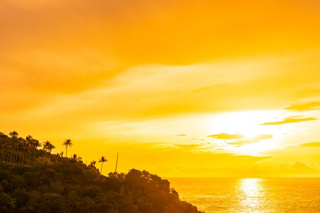 Schönes tropisches Strandmeer im Freien um samui Insel mit KokosnussPalme und anderem zur Sonnenuntergangzeit