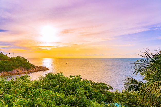 Schönes tropisches Strandmeer im Freien um samui Insel mit KokosnussPalme und anderem zur Sonnenuntergangzeit