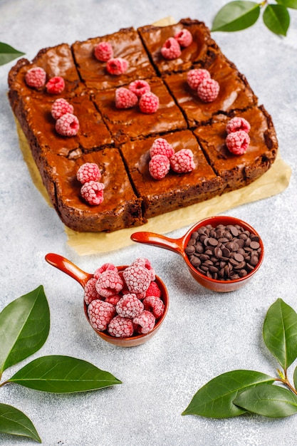 Schokoladen-Brownie-Kuchen-Dessertscheiben mit Himbeeren und Gewürzen