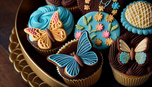 Schokoladen-Cupcakes mit köstlichen Gourmet-Dekorationen und Zuckerguss, die von KI generiert werden