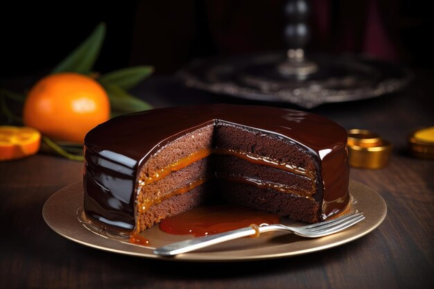 Schokoladen-Sacher-Torte mit Aprikosenmarmelade auf Holztisch Traditionelles österreichisches Dessert Ai generativ