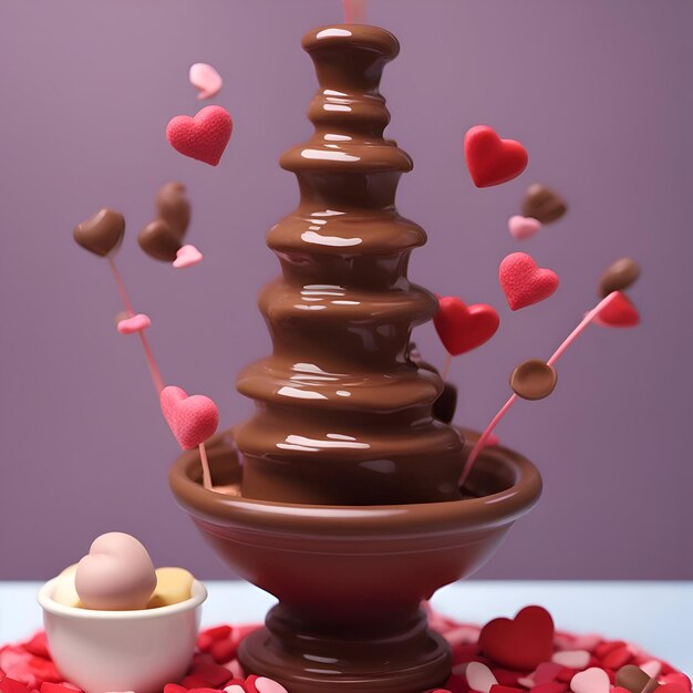 Schokoladenfondue mit herzen und süßigkeiten 3d-rendering | Kostenlose Foto
