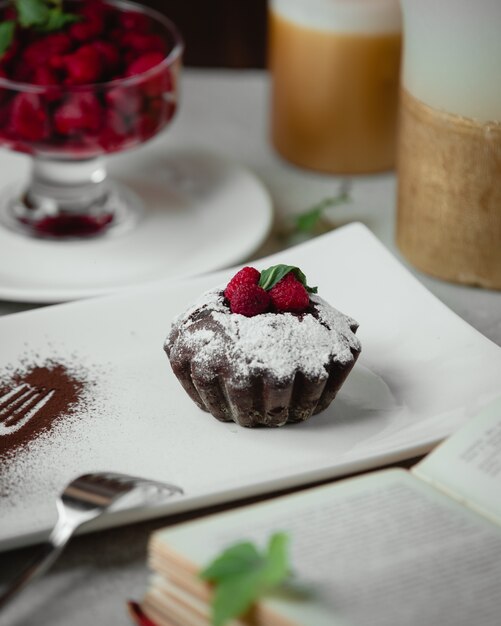 Schokoladenkleiner kuchen mit Vanillepuder und Himbeeren.